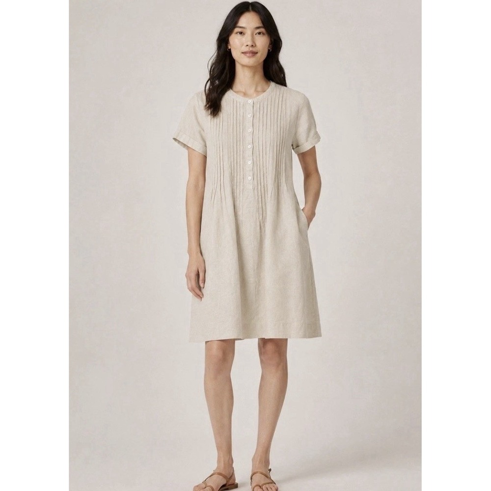 Quince 100% European Linen Shift Dress XL Beige Short Sleeve Pintucked